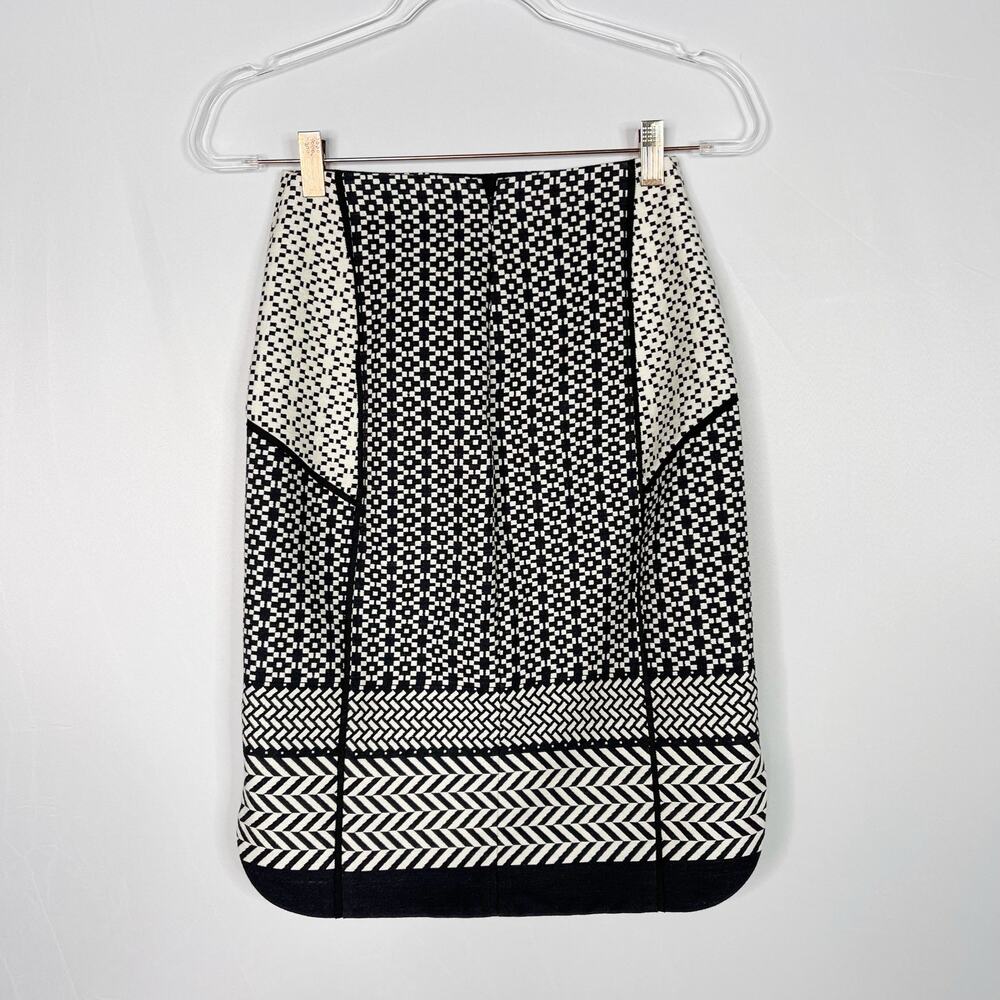 J Crew Size 00 Lux Paneled Black Cream Geometric Jacquard Pencil Skirt Cotton - Picture 2 of 13